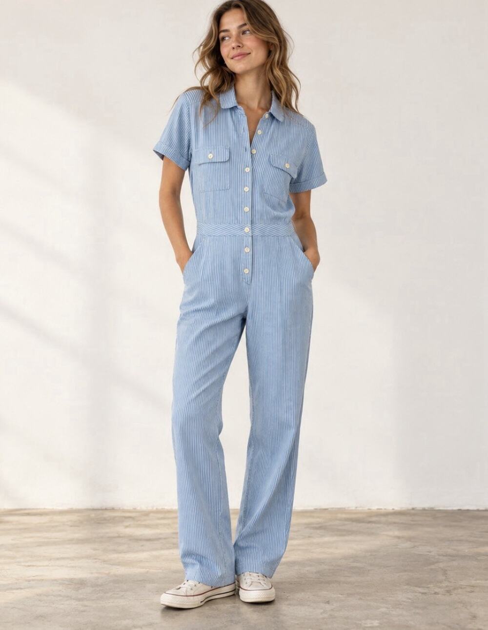 Outerknown Jumpsuit Womens Small Organic Cotton Linen Blue White Striped Retro